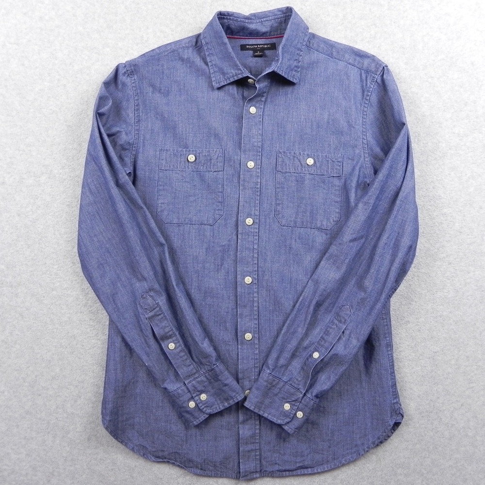 Banana Republic Shirt Mens Small Chambray Double Pocket Button Blue Long Sleeve